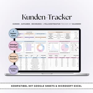 Könnte beinhalten: Ein Laptop-Bildschirm zeigt eine digitale Kunden-Tracker-Tabelle mit Dashboard, Aufgabenübersicht und Rechnungszusammenfassung. Die Benutzeroberfläche enthält Diagramme, Tabellen und deutschen Text. Vier runde Badges heben Funktionen hervor.