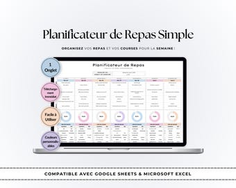 Planificador de Repas Hebdomadaire Simple / Lista de cursos / Modelo Google Sheets y Excel