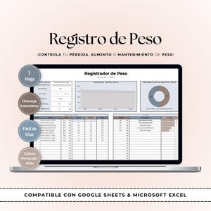 Op de afbeelding: Een laptopscherm toont een gewichtsverlies tracker met de titel "Registro de Peso". De interface bevat grafieken en gegevenstabellen om de voortgang te volgen. De tekst "Compatible con Google Sheets & Microsoft Excel" is zichtbaar.