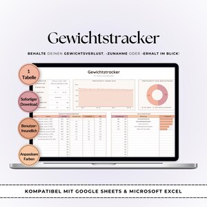 Könnte beinhalten: Ein Laptop zeigt eine Gewichtstracker-Tabelle mit Diagrammen und Tabellen. Der Bildschirm zeigt den Titel "Gewichtstracker" und den Text "BEHALTE DEINEN GEWICHTSVERLUST. ZUNAHME ODER ERHALT IM BLICK!". Das Bild enthält den Text "KOMPATIBEL MIT GOOGLE SHEETS & MICROSOFT EXCEL".