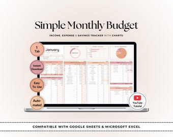 Monatlicher Budgetplaner | Google Sheets & Excel Finance Tracker | Einfacher Ausgaben-Tracker | Geld-management-Vorlage