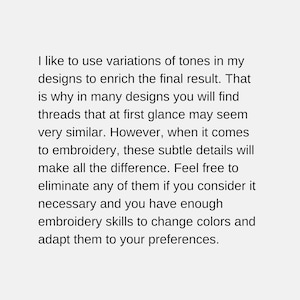 May include: Text on a white background reads: "I like to use variations of tones in my designs to enrich the final result..." The text discusses embroidery design, colour variations, and the importance of subtle details.