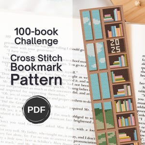 May include: A cross-stitch bookmark pattern featuring a bookshelf design with colorful books and the year "2025". The bookmark has a light brown background with blue and green accents. The text "100-book Challenge" and "PDF" are also visible.