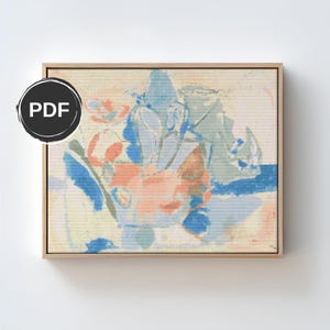 May include: Abstract painting with a wooden frame. The artwork features a blend of blue, peach, and cream colors. The word "PDF" is printed on a black circle in the upper left corner. The painting has a textured appearance.