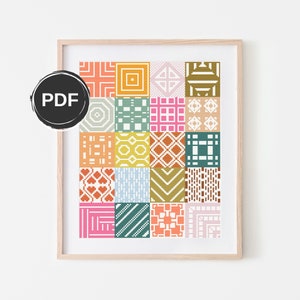 Patchwork cross stitch pattern PDF, Modern cross stitch pattern geometric, Sampler cross stitch pattern tiles. Size: 8x10&quot; (AIDA 14 count)