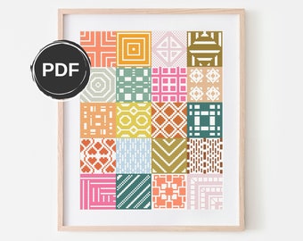 Patchwork cross stitch pattern PDF, Modern cross stitch pattern geometric, Sampler cross stitch pattern tiles. Size: 8x10" (AIDA 14 count)
