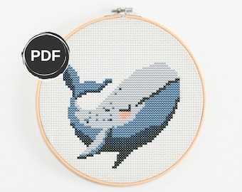 Whale cross stitch pattern PDF, Nursery embroidery pattern design, Baby cross stitch pattern animal, Simple cross stitch pattern, Kids decor