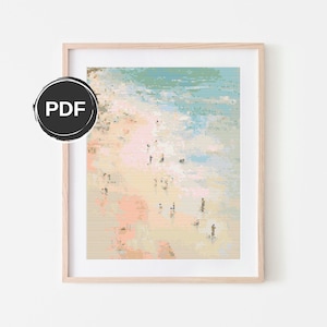 May include: A cross-stitch pattern of a beach scene with a light blue sky, white clouds, and a sandy beach with people on it.