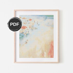 May include: A framed print of a beach scene with orange umbrellas and figures, rendered in a pointillist style. The artwork has a soft color palette of blues, yellows, and oranges, and is labeled with a "PDF" icon.