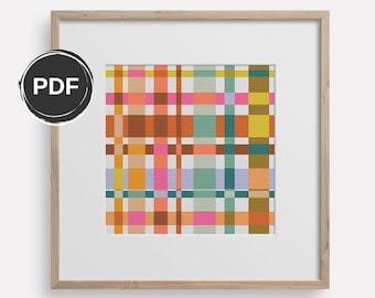 Modern cross stitch pattern geometric, Colorful embroidery pattern PDF, Checkered cross stitch pattern. Size: 8x8" with AIDA 14 count.