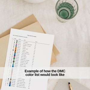 May include: A printed DMC floss colour list for cross stitch, with a sample of how the colour list would look. The list is on white paper, with brown paper and a glass of water in the background.