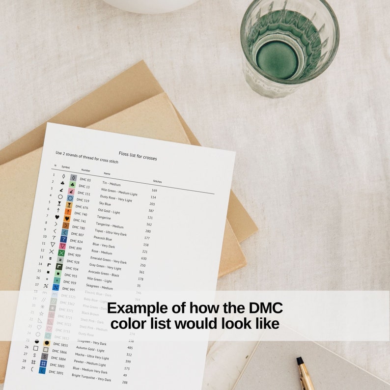 May include: A printed DMC floss colour list for cross stitch, with a sample of how the colour list would look. The list is on white paper, with brown paper and a glass of water in the background.