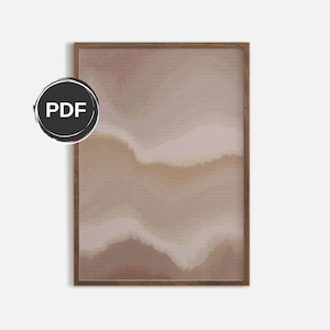 Pode incluir: Uma impressão de arte de parede retangular numa moldura de madeira escura com uma série de faixas horizontais, onduladas e em camadas em tons de bege, castanho claro e castanho. Um ícone circular preto com o texto branco PDF está sobreposto.