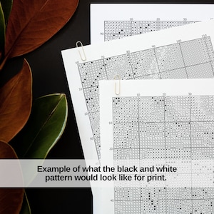May include: Three sheets of white paper with black and white cross-stitch patterns, held together by a gold paper clip. The text "Example of what the black and white pattern would look like for print" is visible. Brown and green leaves are in the background.
