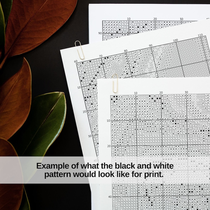May include: Three sheets of white paper with black and white cross-stitch patterns, held together by a gold paper clip. The text "Example of what the black and white pattern would look like for print" is visible. Brown and green leaves are in the background.