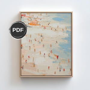May include: Abstract beach scene painting in a wooden frame. The artwork depicts a sandy beach with numerous figures, buildings, and a light blue ocean. The painting has a textured, impressionistic style with a neutral color palette and pops of red and blue. The image includes a "PDF" icon.