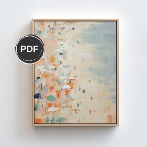 May include: Abstract art print in a wooden frame. The artwork features a textured, colorful design with a mix of peach, blue, and white hues. The word "PDF" is in a black circle in the upper left corner.