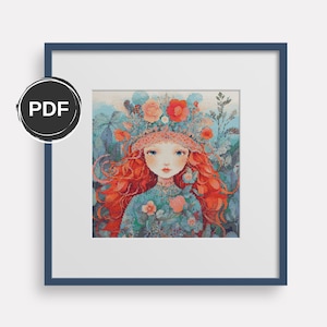 Redhead girl cross stitch pattern. Magical cross stitch pattern blue and red, Fantasy cross stitch pattern full coverage, Cute girl design