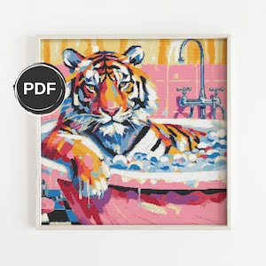 May include: A colorful painting of a tiger relaxing in a pink bathtub filled with bubbles. The tiger has orange, black, blue, and white stripes. The bathtub is surrounded by pink tiles.