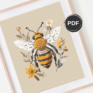 Bee cross stitch pattern PDF, Modern embroidery, Insect cross stitch pattern, Honey bee cross stitch gift. Size: 8x10" with AIDA 14 count