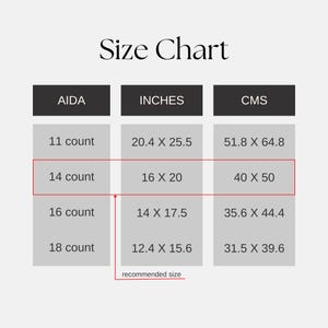 May include: A size chart with the title "Size Chart" at the top. The chart includes AIDA count, inches, and centimetres. The highlighted row indicates a 14 count with dimensions of 16 x 20 inches and 40 x 50 cm.