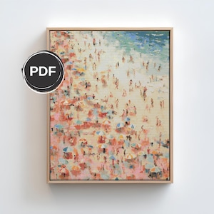 May include: A framed painting depicting a beach scene with numerous figures and vibrant umbrellas. The artwork showcases a light beige sand, a blue ocean, and a light blue sky. The painting is set within a wooden frame, with the text "PDF" in the top left corner.