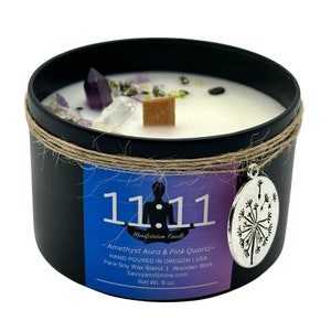 11:11 Make a Wish Charm Candle | Manifestation | Crystals | 6oz Wooden Wick Candle in premium Tin