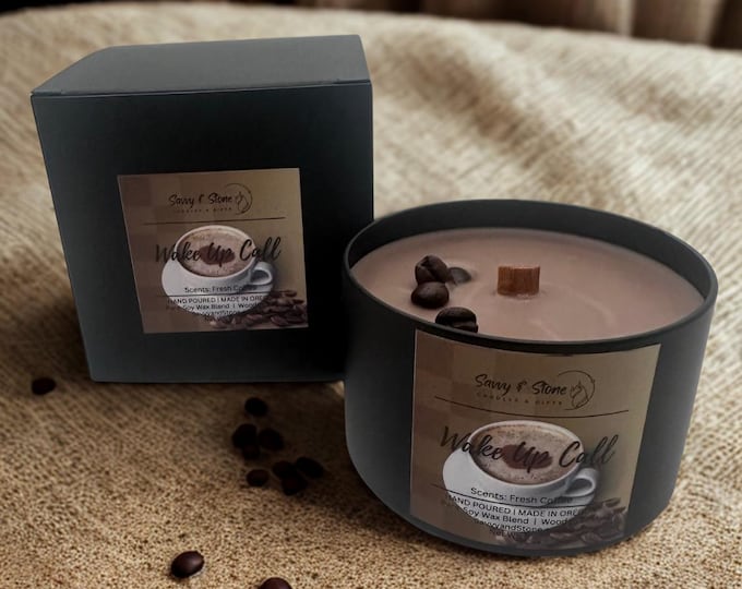 Fresh Brewed Coffee Candle: "Wake Up Call" | Soy Wax Blend with Wooden Wick | Gift-Boxed | 6 oz