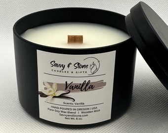 Vanilla Candle with Wooden Wick, Hand-poured Natural Soy Blend, 6 oz. Net Weight in 8 oz Tin with Lid