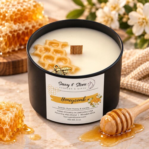 Honey Vanilla "Honeycomb" | Hand-poured 6oz Wooden Wick Candle | Soy Wax Blend