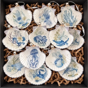 12 Sea Life Scallop Shell Ornaments | Hand crafted
