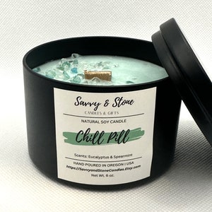 Spearmint & Eucalyptus &quot;Chill Pill&quot; | Hand-poured 6oz Wooden Wick Candle | Soy Wax Blend