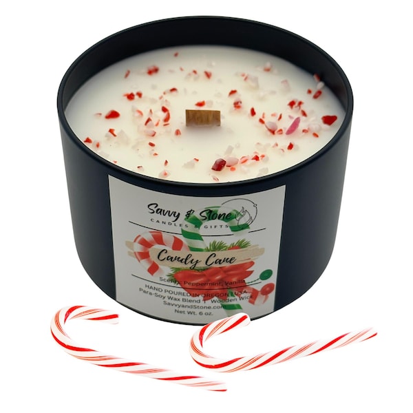 Candy Cane Candle: Soy Wax, Wooden Wick, Gift Boxed (6oz)