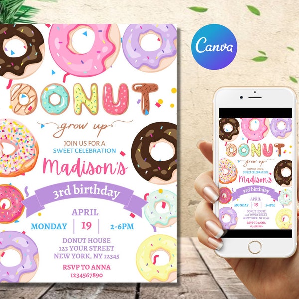 Editable Donut Invitation | Donut Party Invitation | DIGITAL Editable Pintable Invite | Instant Download