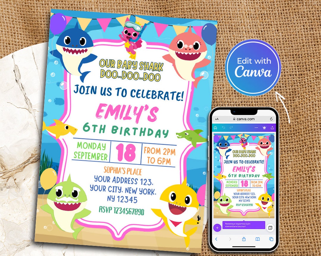 Editable Baby Shark Birthday Invitation Kids Party Invite DIGITAL ...