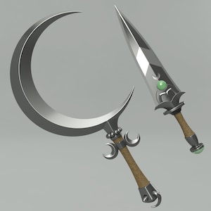 May include: Two silver fantasy swords with ornate handles and green gemstones. One sword is a crescent moon shape and the other is a straight blade.