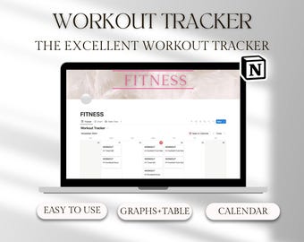 May include: A laptop screen displaying a workout tracker app with the title "FITNESS Workout Tracker". The app features a calendar, graphs, and a table. The text "EASY TO USE", "GRAPHS+TABLE", and "CALENDAR" are displayed below the laptop.