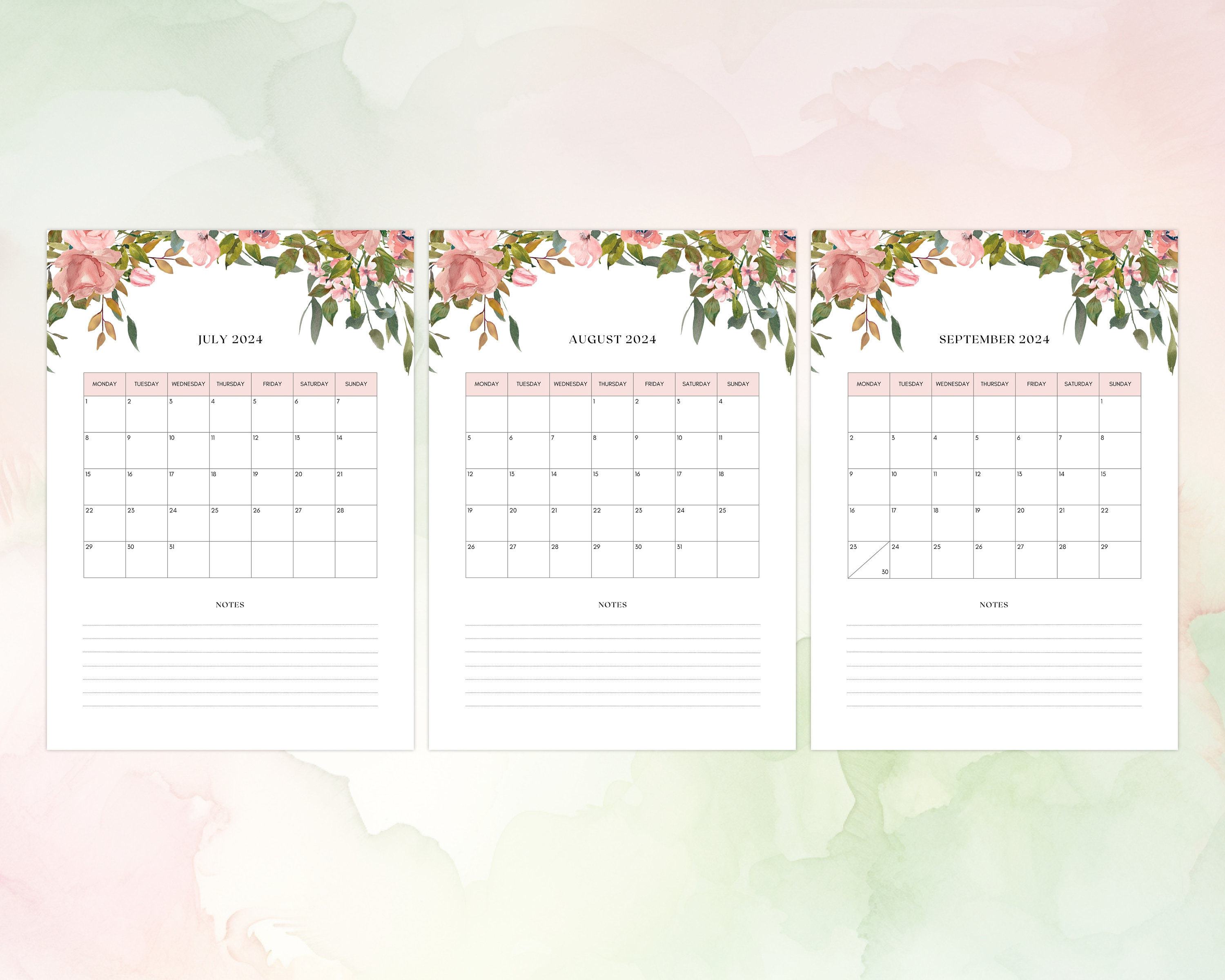 Printable Calendar 2024 With Pink Watercolor Flowers - Etsy