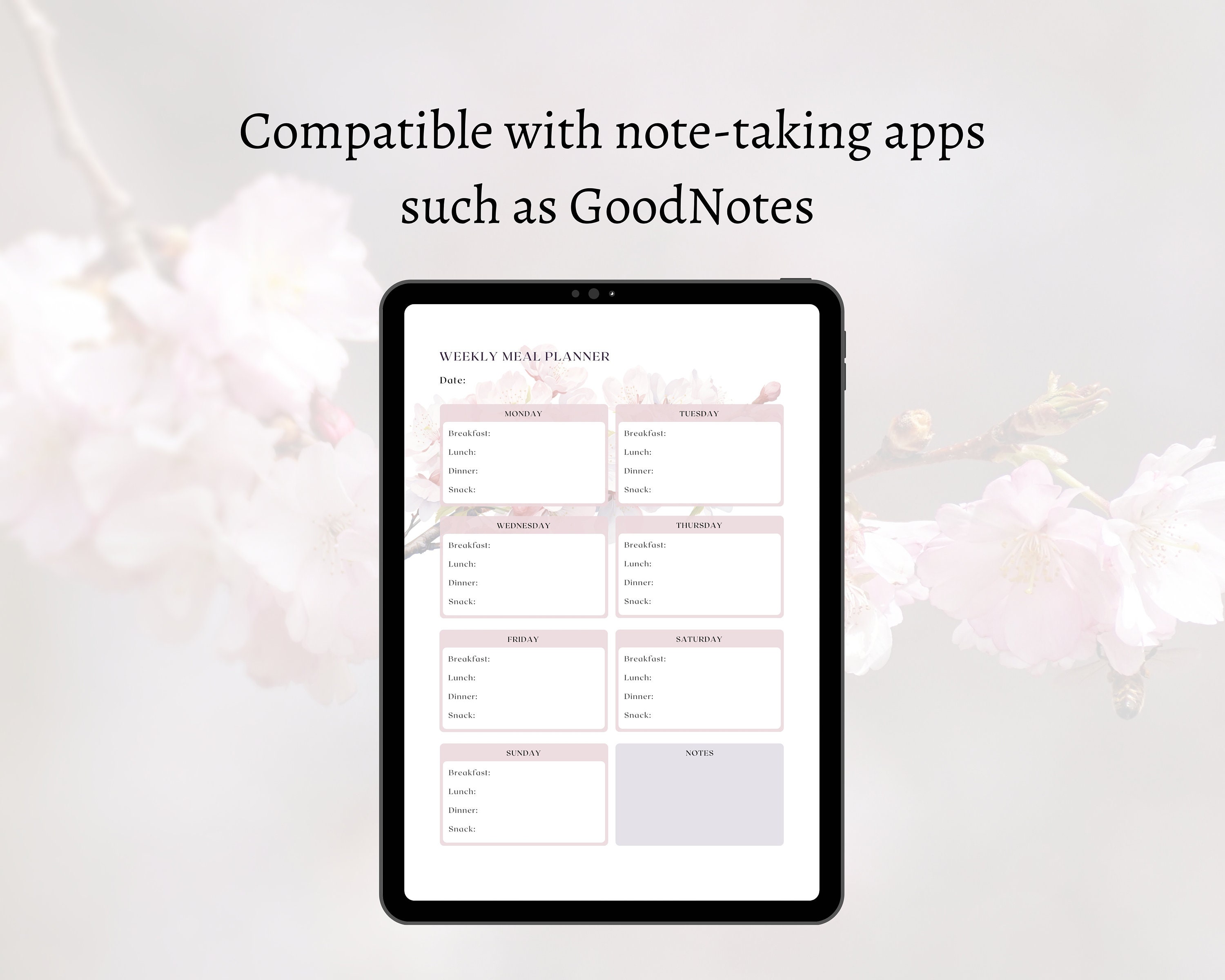 Printable Digital Weekly Meal Planner With Cherry Blossoms, Undated ...