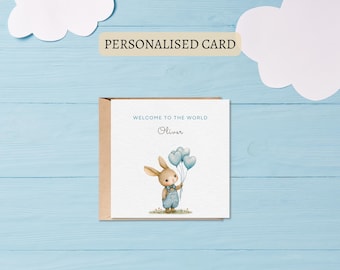 Personalised new baby card, Printable card, Cute bunny with balloons, Baby boy, Congratulations, Birth announcement, Gift for parents