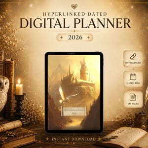 Könnte beinhalten: Ein digitales Tablet mit einem Planer für 2026, einer Schlossillustration und dem Text My Enchanted Planner 2026. Auf dem Bildschirm ist eine fliegende Eule zu sehen. Symbole zeigen an, dass der Planer verlinkt, datiert und 557 Seiten lang ist.