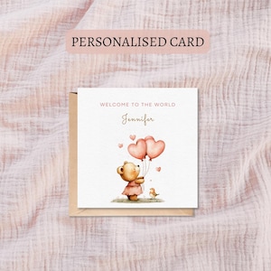 Carte de naissance imprimable personnalisée, annonce de naissance, ours mignon avec des ballons roses, bienvenue au monde, bébé fille