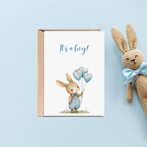 Carte imprimable pour nouveau-né, « c'est un garçon », joli lapin avec des ballons, faire-part de naissance, félicitations
