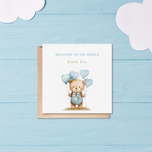 Afdrukbare nieuwe baby kaart, Schattige beer met blauwe ballonnen, Geboortekaart, Geschenk voor ouders