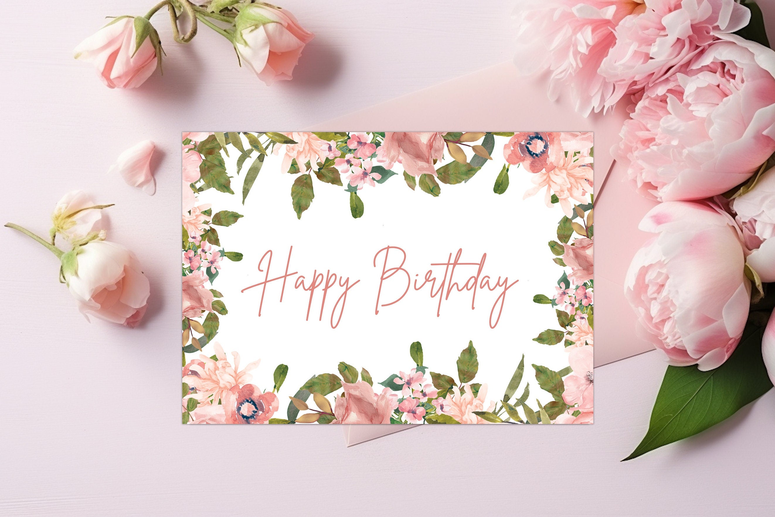 Printable Happy Birthday Card With Pink Watercolor Flowers, Digital ...