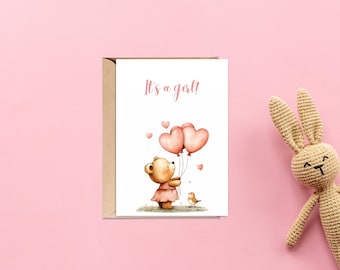 Printable &quot;It&#39;s a girl&quot; card, new baby card, baby girl, cute bear with balloons, newborn