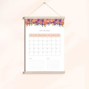 Printable calendar 2025 with watercolor flowers, wall calendar, digital calendar