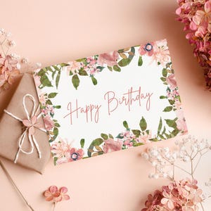 Tarjeta de cumpleaños imprimible con flores rosas de acuarela, tarjeta de cumpleaños digital, deseos de cumpleaños