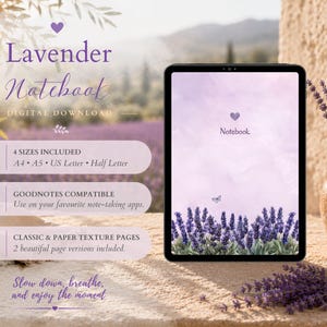 Op de afbeelding: Een digitaal lavendelnotitieboek weergegeven op een tabletscherm, met een illustratie van een lavendelveld, een klein hartje en een vlinder. De tekst bevat Lavender Notebook, Digital Download, 4 sizes included, Goodnotes compatible en classic paper texture pages.