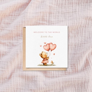 Afdrukbare nieuwe baby kaart, Schattige beer met roze ballonnen, Geboortekaart, Geschenk voor ouders
